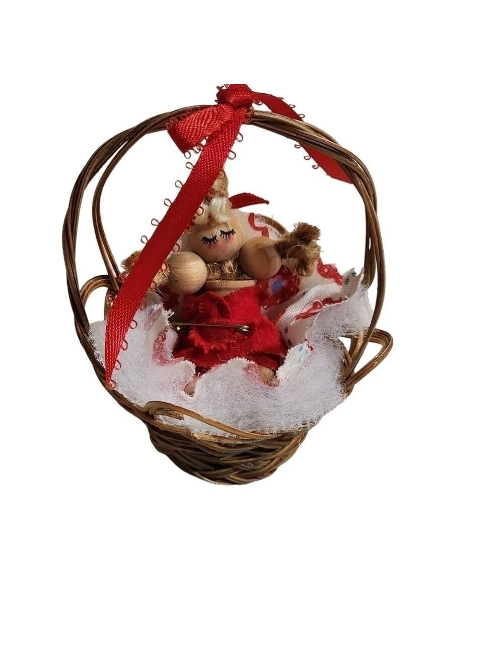 Vintage handmade wood bead spindal baby in a basket ornament  1st Christmas